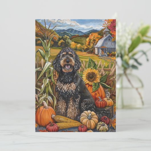 Cartes Pour Fêtes Annuelles Bernedoodle Chien Moisson Automne Thanksgiving (Debout devant)