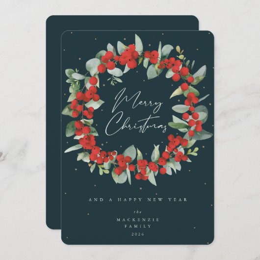 Cartes Pour Fêtes Annuelles Berries rouges+Eucalyptus couronne de Noël non pho (Devant / Derrière)
