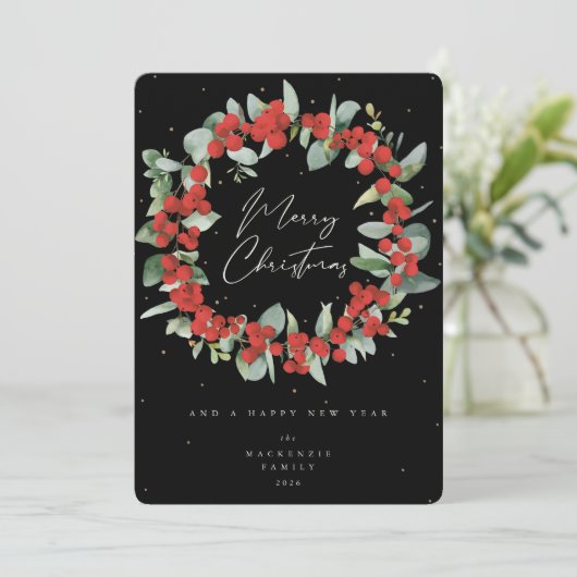 Cartes Pour Fêtes Annuelles Berries rouges+Eucalyptus couronne de Noël non pho (Debout devant)