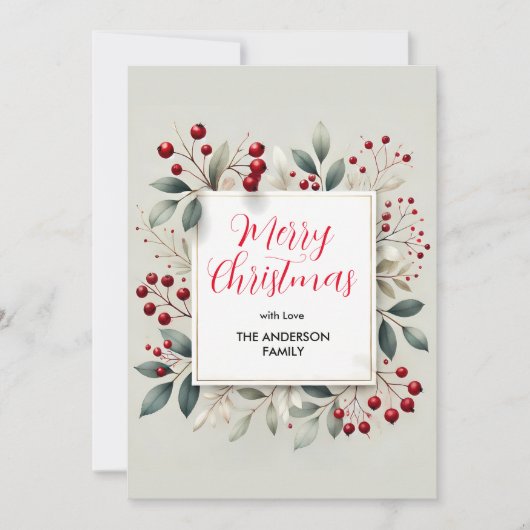 Cartes Pour Fêtes Annuelles Berry rouge et feuillage vert Noël (Devant)