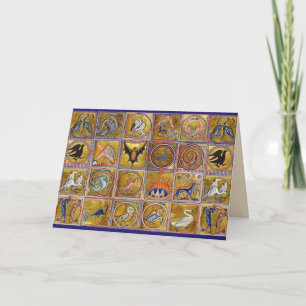 CARTES POUR FÊTES ANNUELLES BESTIAIRE MÉDIÉVAL, ANIMAUX FANTASTIQUES, ROUGE D'