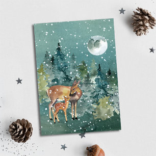 Cartes Pour Fêtes Annuelles Biche et faon dans une forêt enneigée sous la plei