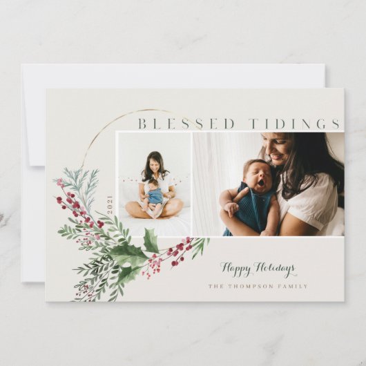 Cartes Pour Fêtes Annuelles Bienheureux Tidings Aquarelle Verdure Wreath Photo (Devant)