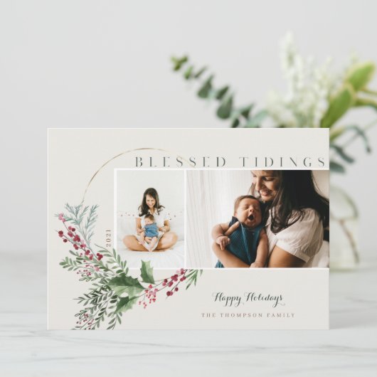 Cartes Pour Fêtes Annuelles Bienheureux Tidings Aquarelle Verdure Wreath Photo (Debout devant)