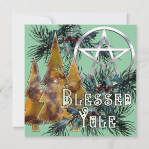 Cartes Pour Fêtes Annuelles Bienheureux Yule Argent Pentacle Holly et Pine