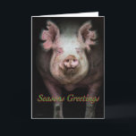 Cartes Pour Fêtes Annuelles Bienvenue cochons<br><div class="desc">Un cochon sortant d'une grange sombre, avec "Vœux de saison" écrit en dessous de son visage</div>