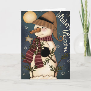 Cartes Pour Fêtes Annuelles Bienvenue hiver Snowman Folk Art Greeting Card