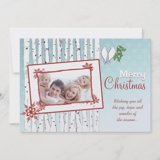 Cartes Pour Fêtes Annuelles Birch Trees Oiseaux blancs Red Joyeux Noël (Devant)