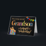 Cartes Pour Fêtes Annuelles Birthday Card pour Grandson, Bunting and Candles<br><div class="desc">A bright and colourful Birthday for a Grandson,  with Birthday Cake Candles,  Bunting and Stars and the word,  'Grandson' in patterned lettering,  outlined in gold-effect (not métallc ink) and Happy Birthday,  donc in gold-effect,  all on a black background. A digital design par Judy Adamson.</div>