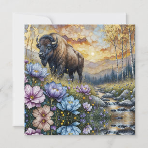 Cartes Pour Fêtes Annuelles Bison d'Amérique dans une vallée montagneuse fleur