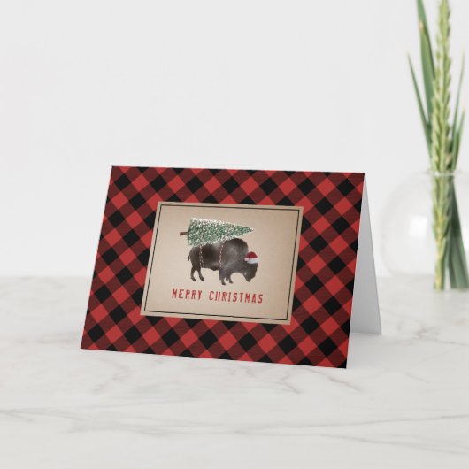 Cartes Pour Fêtes Annuelles Bison de Buffalo Santa Joyeux Noël Arbre Rustique (Devant)