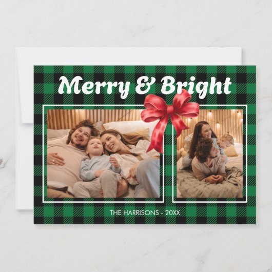 Cartes Pour Fêtes Annuelles Bison vert Plaid Ribbon Deux photos Noël (Devant)