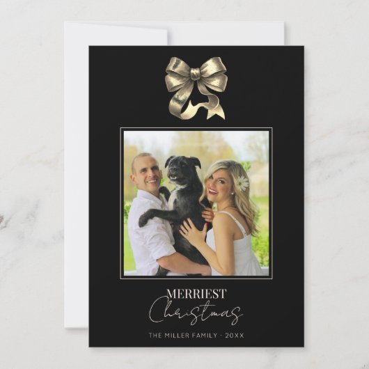 Cartes Pour Fêtes Annuelles Black and Gold Bow Photo moderne Noël (Devant)