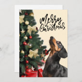 Cartes Pour Fêtes Annuelles Black Dachshund regarde vers Noël Arbre Noël Noël  (Devant / Derrière)