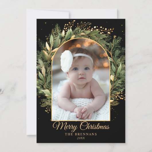 Cartes Pour Fêtes Annuelles Black Gold Elegant Noël 1 Photo Botanique (Devant)