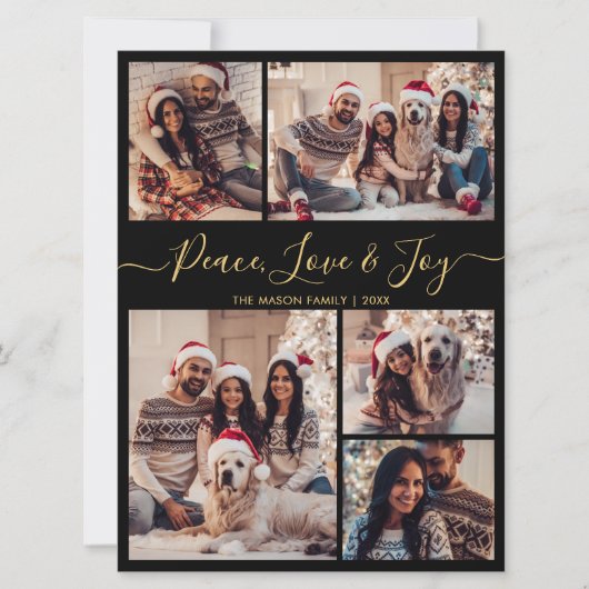 Cartes Pour Fêtes Annuelles Black Gold Peace Love and Joy Script 5 Photo (Devant)