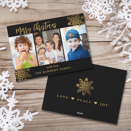 Cartes Pour Fêtes Annuelles Black & Gold SnowFlake 3 Photo Collage Noël