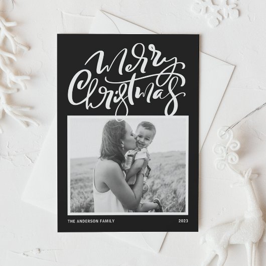 Cartes Pour Fêtes Annuelles Black Modern Calligraphy Photo Joyeux Noël