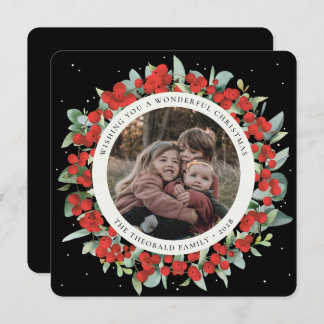 Cartes Pour Fêtes Annuelles Black Round/Square Red Berries+Eucalyptus Photo