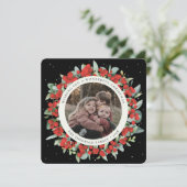Cartes Pour Fêtes Annuelles Black Round/Square Red Berries+Eucalyptus Photo (Debout devant)