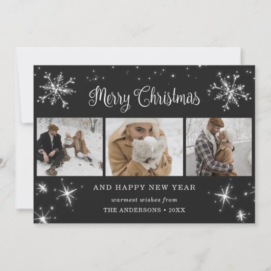 Cartes Pour Fêtes Annuelles Black Silver Sparkly Snowflake Photo Collage (Devant)
