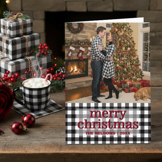 Cartes Pour Fêtes Annuelles Black & White Buffalo Plaid Merry Christmas Photo