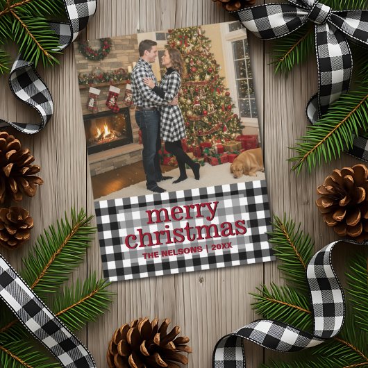 Cartes Pour Fêtes Annuelles Black & White Buffalo Plaid Merry Christmas Photo