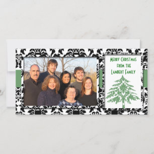 Cartes Pour Fêtes Annuelles Black & White Damask GreenTree Merry Christmas