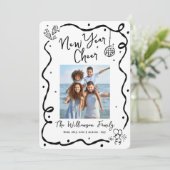 Cartes Pour Fêtes Annuelles Black White New Year Cheer Photo Hand Drawn Doodle (Debout devant)