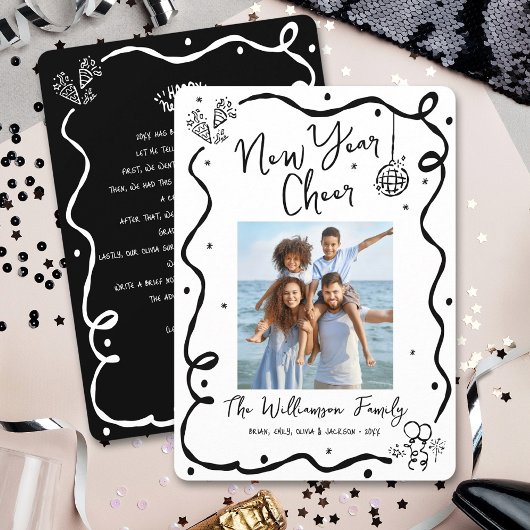 Cartes Pour Fêtes Annuelles Black White New Year Cheer Photo Hand Drawn Doodle