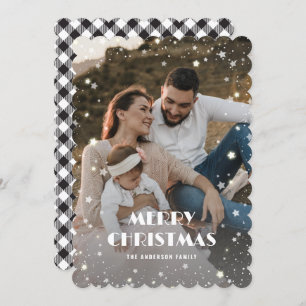 Cartes Pour Fêtes Annuelles Black White Plaid Neige Stars Photo Joyeux Noël