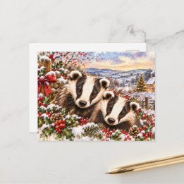 Cartes Pour Fêtes Annuelles Blaireaux de Noël – Aquarelle festive de la forêt