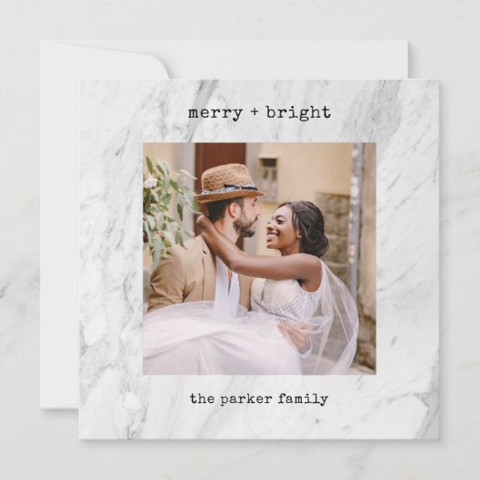 Cartes Pour Fêtes Annuelles Blanc marbre | Joyeux Noël avec photo (Devant)