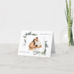 Cartes Pour Fêtes Annuelles Blanc Vert Bougon Noël Feuillage Photo Joyeux