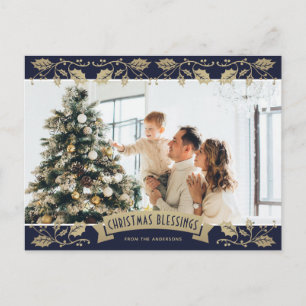 Cartes Pour Fêtes Annuelles Blessures de Noël en or bleu Photo chrétienne