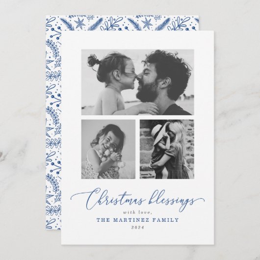 Cartes Pour Fêtes Annuelles Blessures de Noël Script bleu photo multiple (Devant / Derrière)