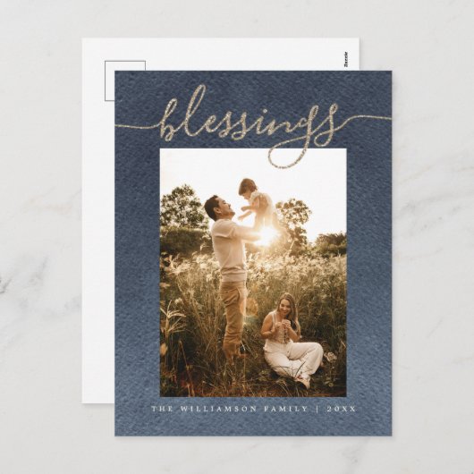 Cartes Pour Fêtes Annuelles Blessures en or rustique Noël bleu foncé (Devant / Derrière)