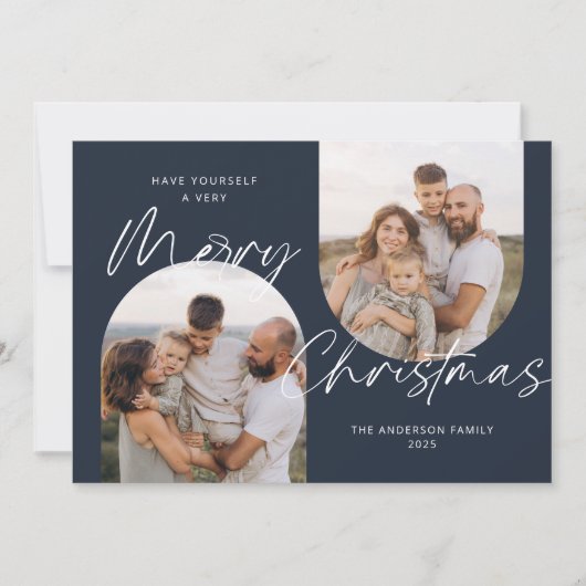 Cartes Pour Fêtes Annuelles Bleu 2 Arc Photos Moderne Élégant Script Noël (Devant)