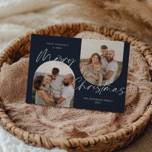 Cartes Pour Fêtes Annuelles Bleu 2 Arc Photos Moderne Élégant Script Noël