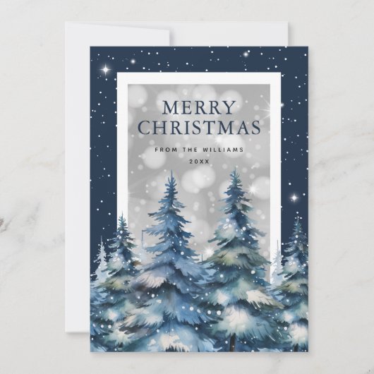Cartes Pour Fêtes Annuelles Bleu Aquarelle Forêt neige Joyeux Noël (Devant)