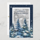Cartes Pour Fêtes Annuelles Bleu Aquarelle Forêt neige Joyeux Noël (Devant / Derrière)