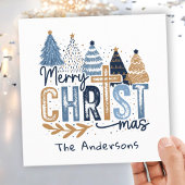 Cartes Pour Fêtes Annuelles Bleu Arbres modernes Christ Joyeux Noël Nom