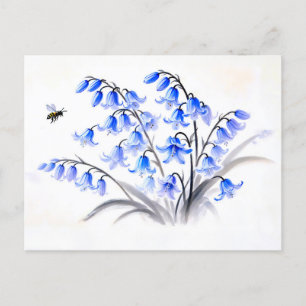 Cartes Pour Fêtes Annuelles Bleu Bellflowers asiatique peinture à l'encre