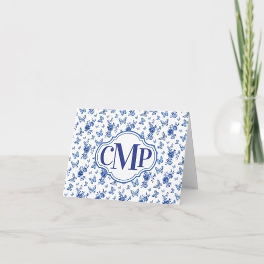 Cartes Pour Fêtes Annuelles Bleu Blancs Papillon Rose Classic Monogramme Note (Devant)