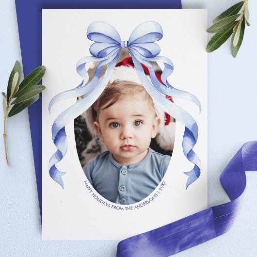 Cartes Pour Fêtes Annuelles Bleu Bow Oval Photo Noël