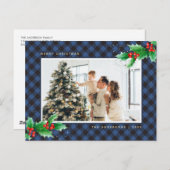Cartes Pour Fêtes Annuelles Bleu Buffalo Aquarelle Plaid Photo Noël (Devant / Derrière)