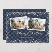 Cartes Pour Fêtes Annuelles Bleu Buffalo Plaid Gold Photo Noël (Devant / Derrière)