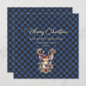 Cartes Pour Fêtes Annuelles Bleu Buffalo Plaid Gold Reinder neige Noël (Devant / Derrière)