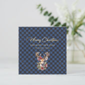 Cartes Pour Fêtes Annuelles Bleu Buffalo Plaid Gold Reinder neige Noël (Debout devant)