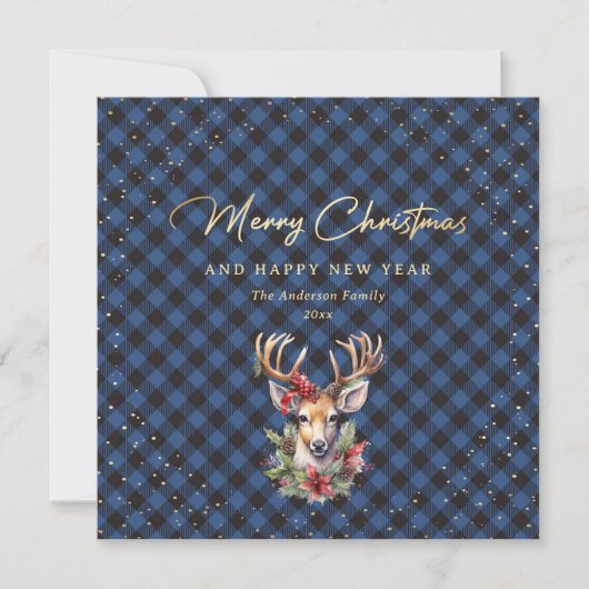 Cartes Pour Fêtes Annuelles Bleu Buffalo Plaid Gold Reinder neige Noël (Devant)